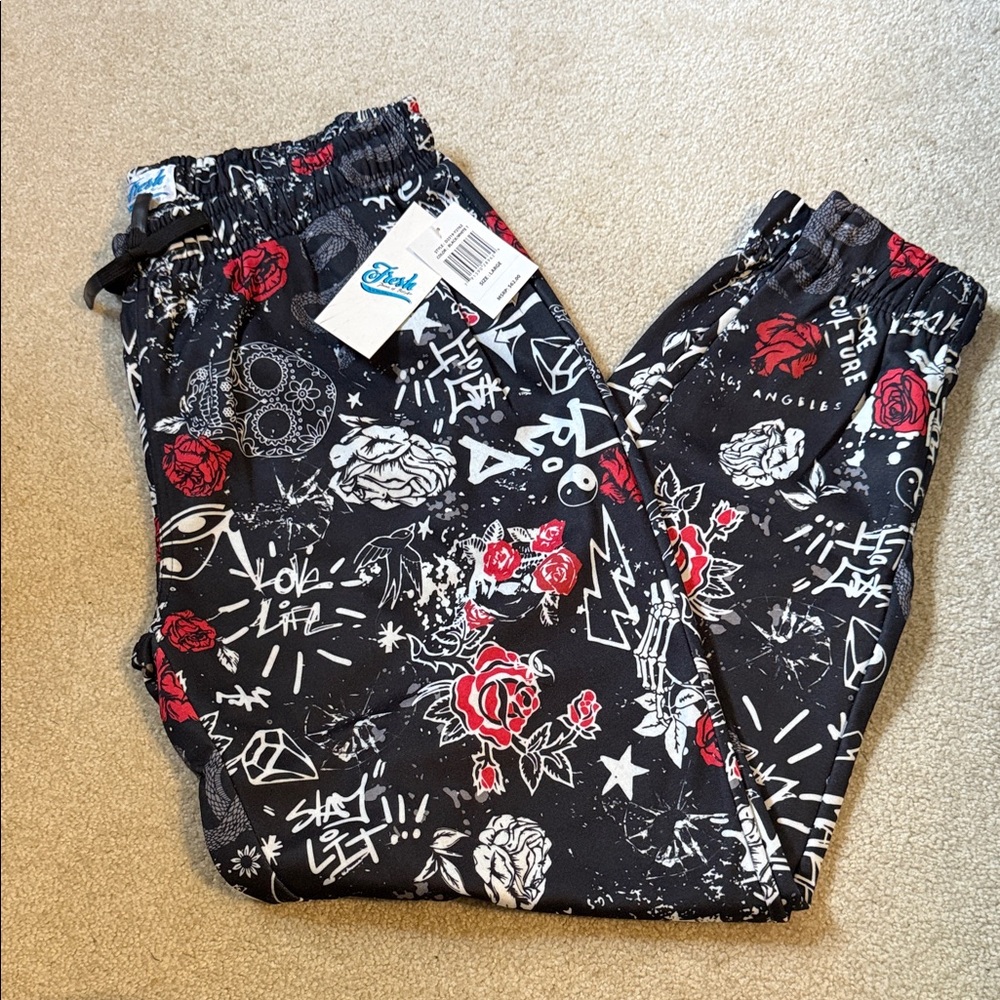 Fresh Black Joggers with Red and White Graphics